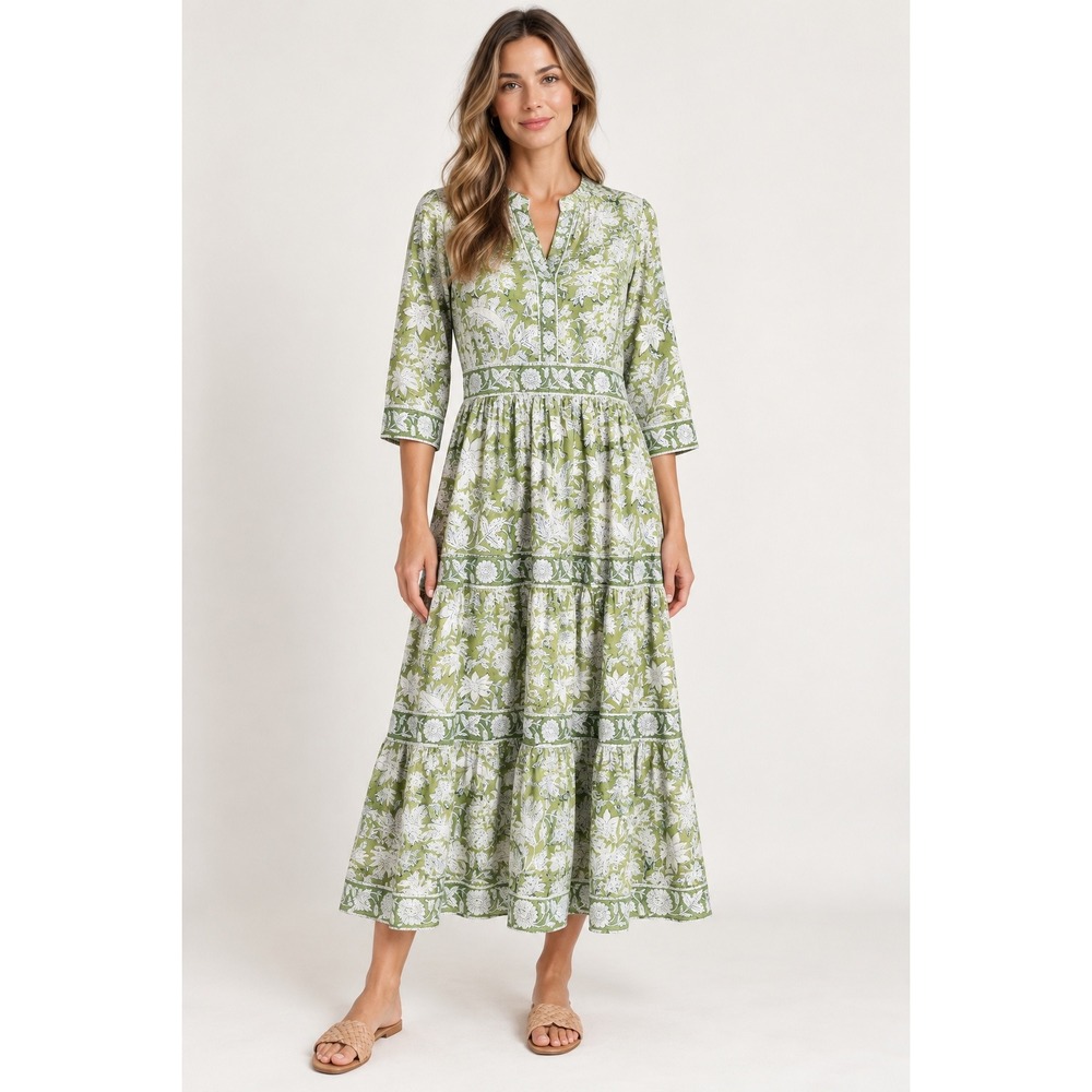 Mary Marshmallow Midi Dress Floral Boho Green White XS